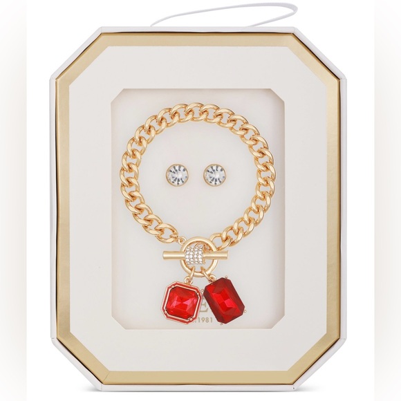 Double Stone Charm Toggle Bracelet and Stud Earring Jewelry Set - Picture 3 of 4